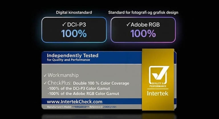 LG Mini RGB evo AI MRGB85, med RGB Primary Color Pro, leverer 100 % fargedekning av DCI-P3 og Adobe RGB, sertifisert av Intertek.