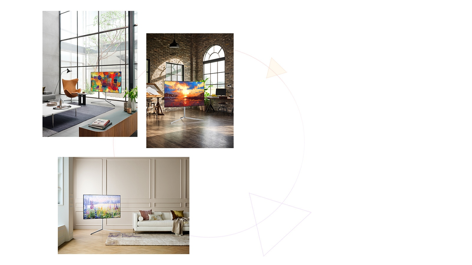 Tre TV-er med galleridesign med et stativ fungerer som kunstverk hvor som helst