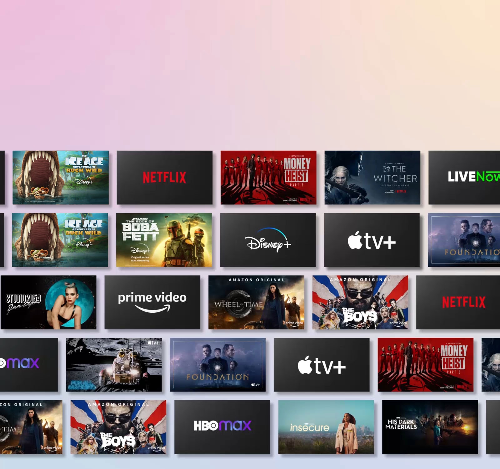 Rader med OTT-innhold ruller sidelengs mens de viser OTT-leverandørens logo og miniatyrbilder av innholdet som tilbys.