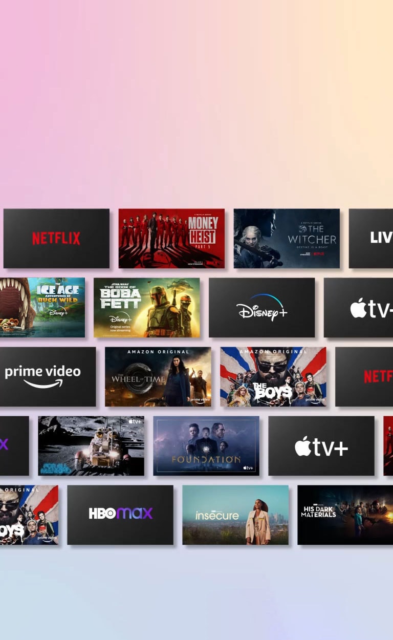 Rader med OTT-innhold ruller sidelengs mens de viser OTT-leverandørens logo og miniatyrbilder av innholdet som tilbys.