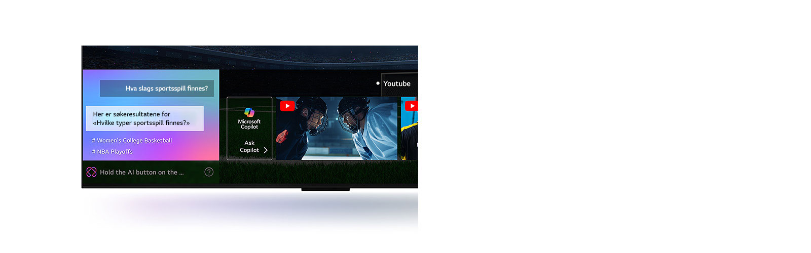 Nærbilde av en LG QNED TV-skjerm som viser hvordan AI Search fungerer. Et lite chattevindu er åpnet og viser hvordan brukeren spør om hvilke sportsspill som er tilgjengelige. AI Search svarte via chat og ved å vise miniatyrbilder av tilgjengelig innhold. Det er også mulig å spørre Microsoft Copilot. 