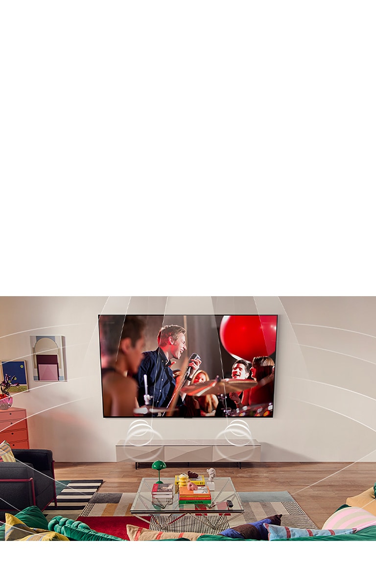 Stue med en veggmontert LG TV. Lyd bølger er grafisk representert og fyller rommet, som viser hvordan virtuelle 9.1.2-kanaler skaper en surroundlydopplevelse for brukeren. 