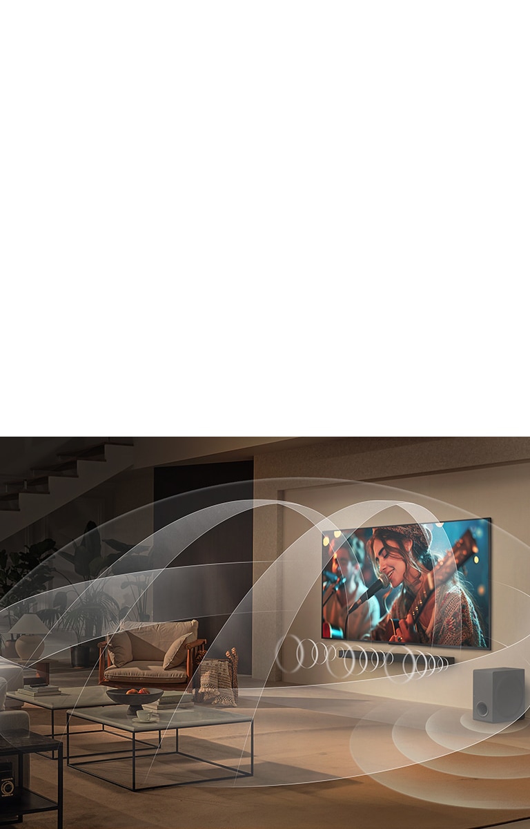 Stue med en LG NanoCell TV og LG Soundbar, med grafikk som viser hvordan begge enhetene fyller rommet med flerkanals surroundlyd.