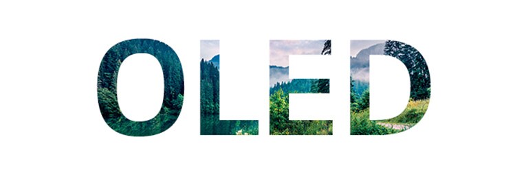 Ordet OLED fylt med et naturbilde glir inn fra høyre (spill av video)