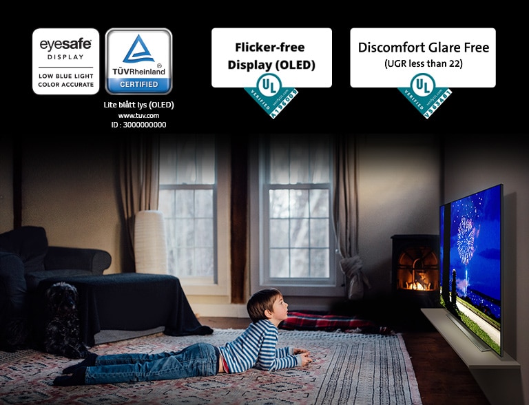 Dette er kortet som beskriver "Eye Comfort Display". Dette er en scene med en gutt som ser på TV i liggende stilling. Det er plassert fire logoer for "Eye Comfort Display"-sertifisering.