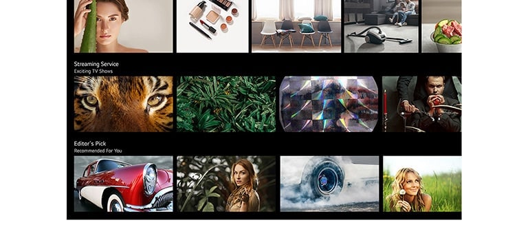 En TV-skjerm som viser ulikt innhold oppført og anbefalt av LG ThinQ AI