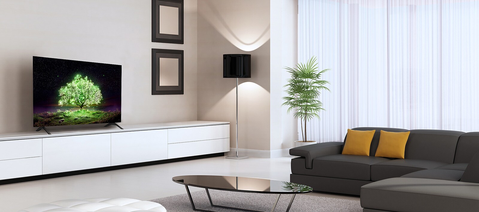 En OLED A1 TV plassert i en sanselig stue. På TV-en kan du se et bilde av et skinnende grønt tre.