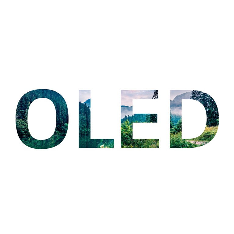 Ordet OLED fylt med et naturbilde glir inn fra høyre (spill av video)