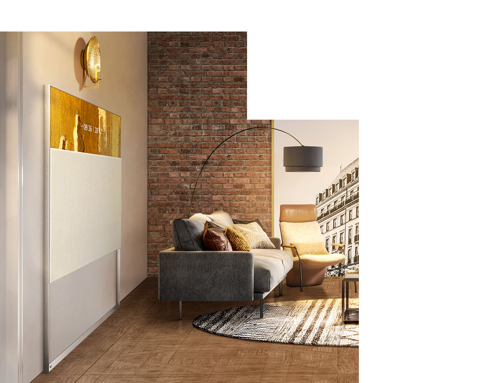 EASEL sett fra siden, montert på linje med veggen og går i ett med interiøret i stuen.