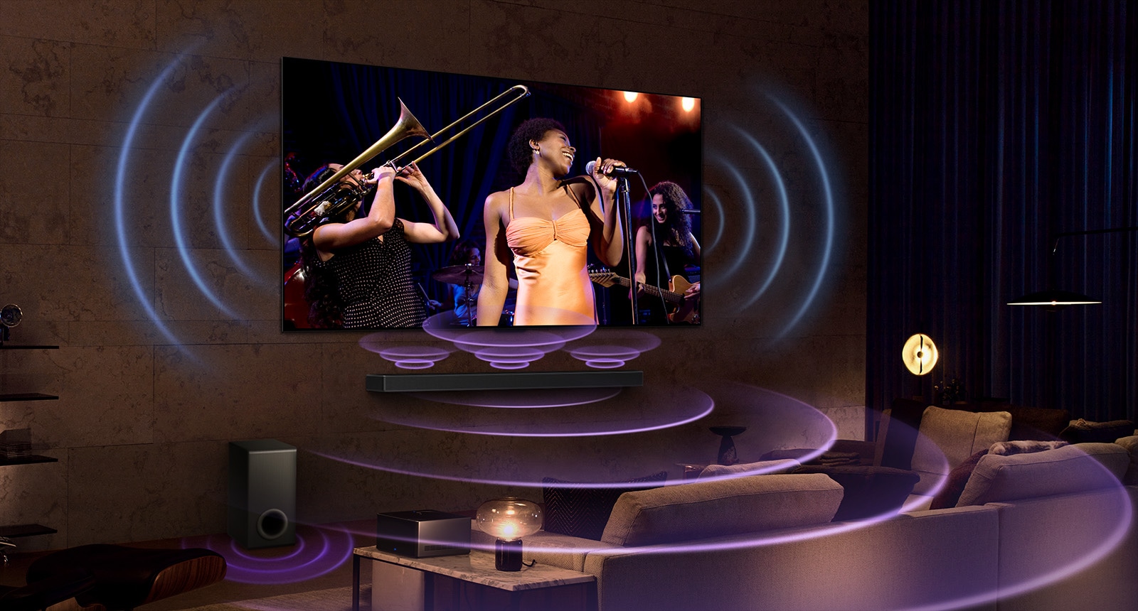 Et bilde av en LG OLED TV i et rom som viser en musikkonsert. Blå kurver som viser TV-lyd og lilla kurver som viser Soundbar-lyd, fyller rommet. 