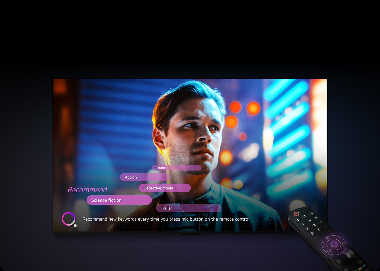 Et bilde av en LG OLED TV og en fjernkontroll. Mikrofonknappen på fjernkontrollen lyser, og forslag til søkeord for stemmesøk vises på skjermen.