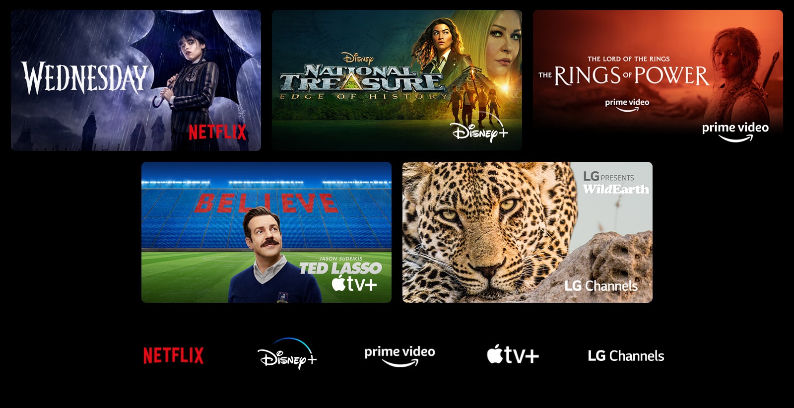 En plakat av Wednesday fra Netflix, National Treasure fra Disney+, Maktens Ringer fra Prime Video, Ted Lasso fra Apple TV+ og et stillbilde fra LG Channels med en leopard i det fri.