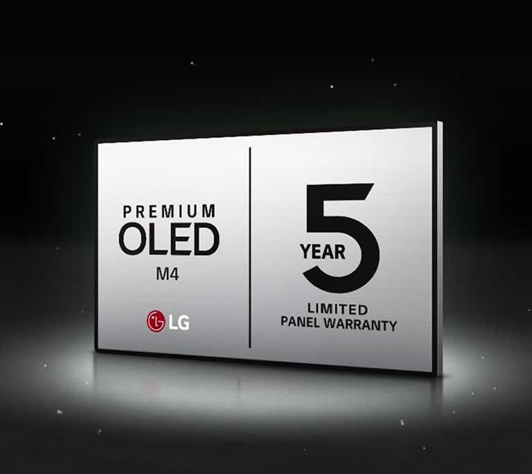 LG OLED Care+ ja 5 Year Panel Warranty (5 vuoden paneelitakuu) -logo mustaa taustaa vasten.