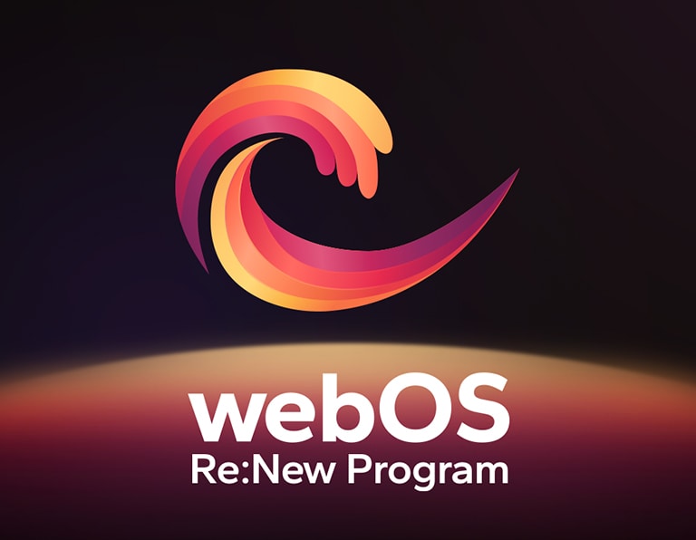 Et bilde av logoen for webOS Re:New Program mot en svart bakgrunn med en blå og lilla sirkel nederst. 