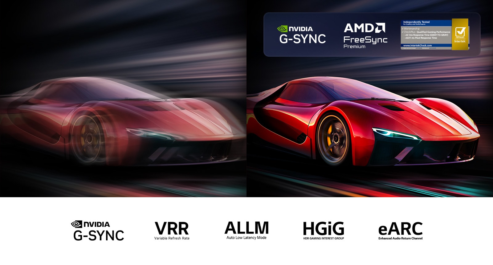 To bilder av en bil i et videospill vises side om side. Det ene viser mye bevegelsesuskarphet, mens det andre er skarpt og i fokus, noe som demonstrerer den høye bildefrekvensen til LG OLED TV. Nvidia G-Sync-logoen, AMD FreeSync Premium, Intertek-merket for 0,1 ms responstid og andre relevante sertifiseringer er synlige. 