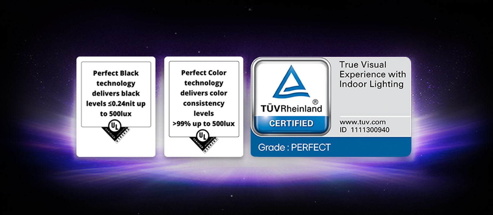 UL-verifiserte og TÜV-sertifiserte logoer vises for skjermfunksjonene Perfect Black og Perfect Color.