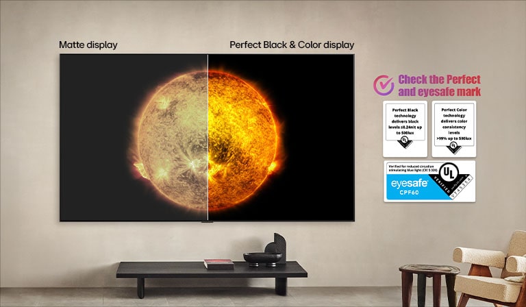 LG OLED TV viser en sammenligning mellom en skjerm med Perfect Color og Perfect Black, og en uten. UL og øyesikkerhetssertifiseringer vises med tekst og avkrysningsruter.