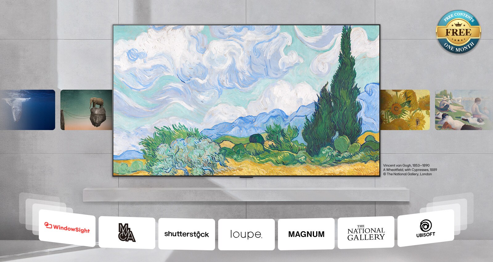 Veggmontert LG TV med variert innhold som rullerer på skjermen, fra klassisk kunst og moderne kunst til bilder, bakgrunnsbilder og mer. 