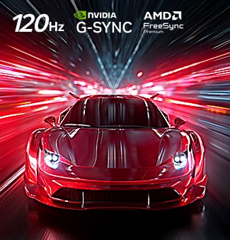 LG OLED AI B6E for uovertruffen spillopplevelse i 4K 120Hz viser et høyhastighets racingspill med en rød sportsbil i bevegelse, med NVIDIA G-SYNC- og AMD FreeSync Premium-logoer øverst på skjermen.
