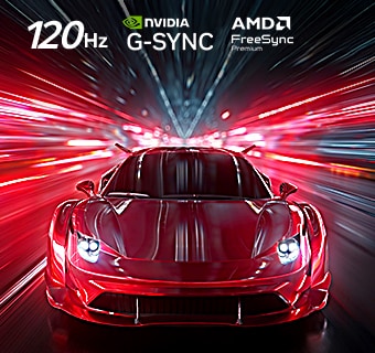 LG OLED AI B6E for uovertruffen spillopplevelse i 4K 120Hz viser et høyhastighets racingspill med en rød sportsbil i bevegelse, med NVIDIA G-SYNC- og AMD FreeSync Premium-logoer øverst på skjermen.