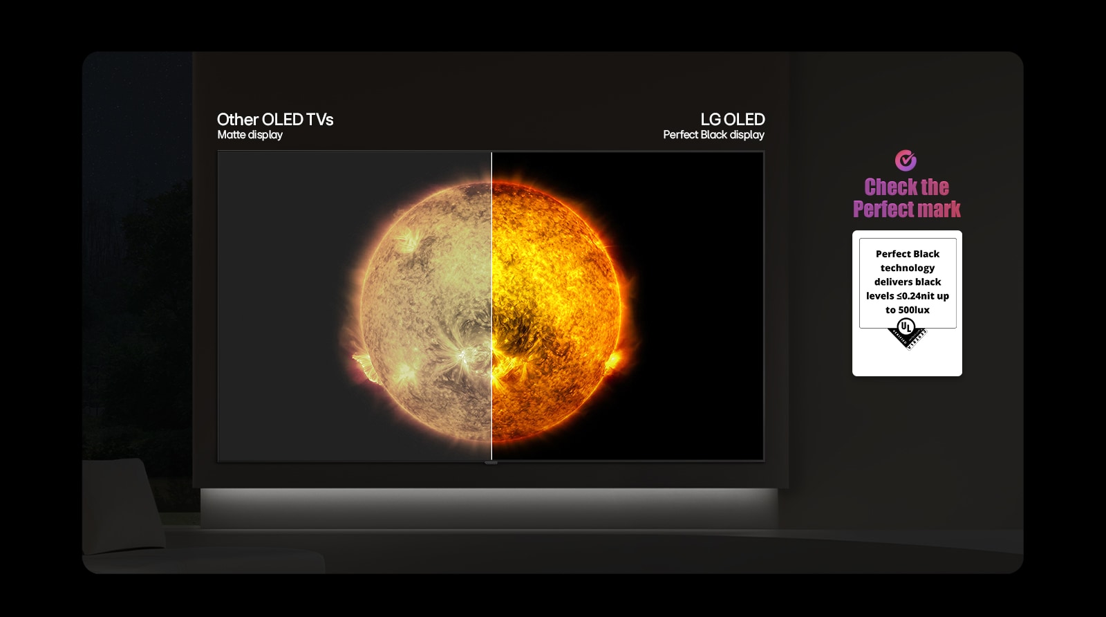 LG OLED AI B6E viser et delt skjermbilde som sammenligner en anti-glare matt skjerm med Perfect Black-skjermen for klarere bildekvalitet i alle lysforhold, støttet av en synlig UL Perfect Black-sertifisering.