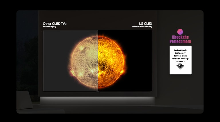 LG OLED AI B6E viser et delt skjermbilde som sammenligner en anti-glare matt skjerm med Perfect Black-skjermen for klarere bildekvalitet i alle lysforhold, støttet av en synlig UL Perfect Black-sertifisering.