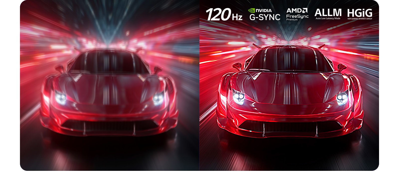 LG OLED AI B6E for ultrajevn spillopplevelse uten skjermriving viser et høyhastighets racingspill i bevegelse, med en visuell sammenligning som fremhever jevn 120Hz bevegelse med NVIDIA G-SYNC-, AMD FreeSync-, ALLM- og HGiG-logoer øverst.