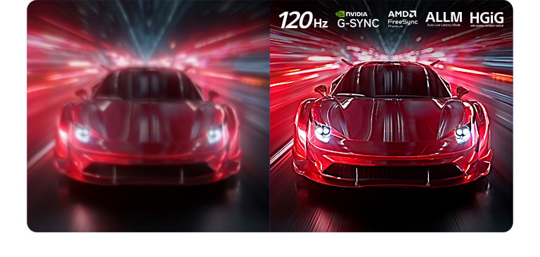 LG OLED AI B6E for ultrajevn spillopplevelse uten skjermriving viser et høyhastighets racingspill i bevegelse, med en visuell sammenligning som fremhever jevn 120Hz bevegelse med NVIDIA G-SYNC-, AMD FreeSync-, ALLM- og HGiG-logoer øverst.