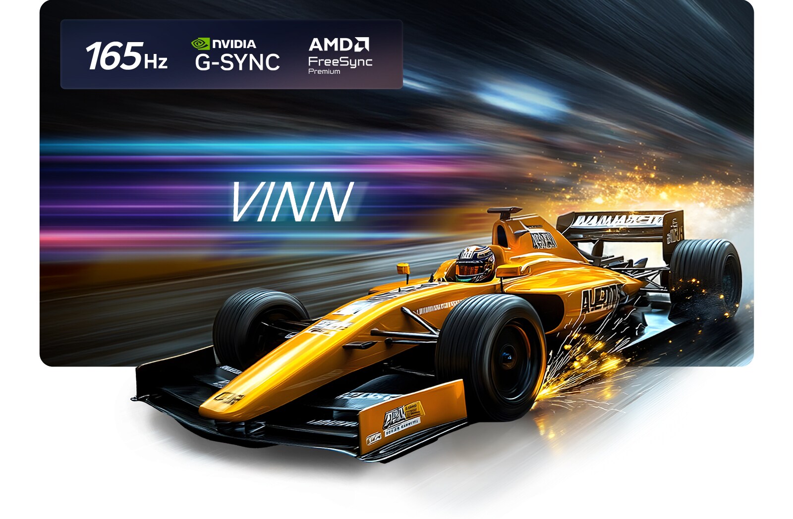 LG OLED evo AI G6 for uovertruffen spillopplevelse i 4K 165Hz viser et høyhastighets racingspill med en gul bil med åpne hjul i bevegelse, fet «WIN»-tekst på skjermen og NVIDIA G-SYNC- og AMD FreeSync Premium-logoer øverst. 