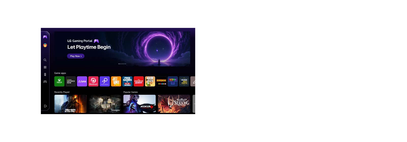 LG OLED evo AI G6 displays the LG Gaming Portal on the webOS screen, showing a gaming hub with a one-step interface that provides access to multiple game apps via cloud gaming services such as NVIDIA GeForce NOW and webOS apps.