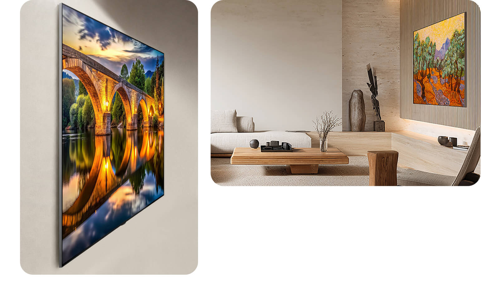 LG OLED evo AI G6 vises flush-fit veggmontert fra en sidevinkel med et lyst brolandskap på skjermen. På høyre side er den veggmontert uten mellomrom i en minimalistisk stue, og viser et fargerikt landskap i maleristil som smelter sammen med det trefargede interiøret.