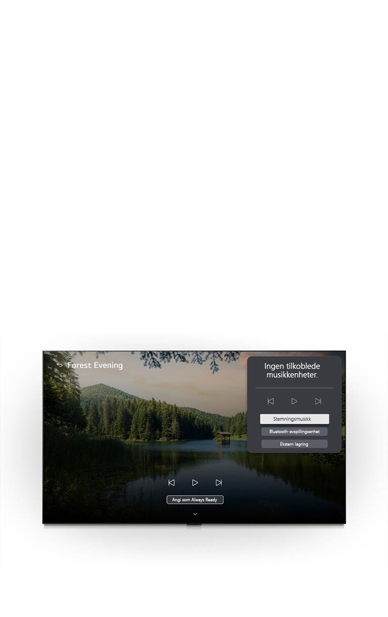 LG OLED evo AI G6 med LG Gallery+ med BGM og Music Lounge viser skogsscenen «Skogskveld» på skjermen, med et synlig Music Lounge-brukergrensesnittpanel for stemningsmusikk, Bluetooth-avspilling og kontroller.