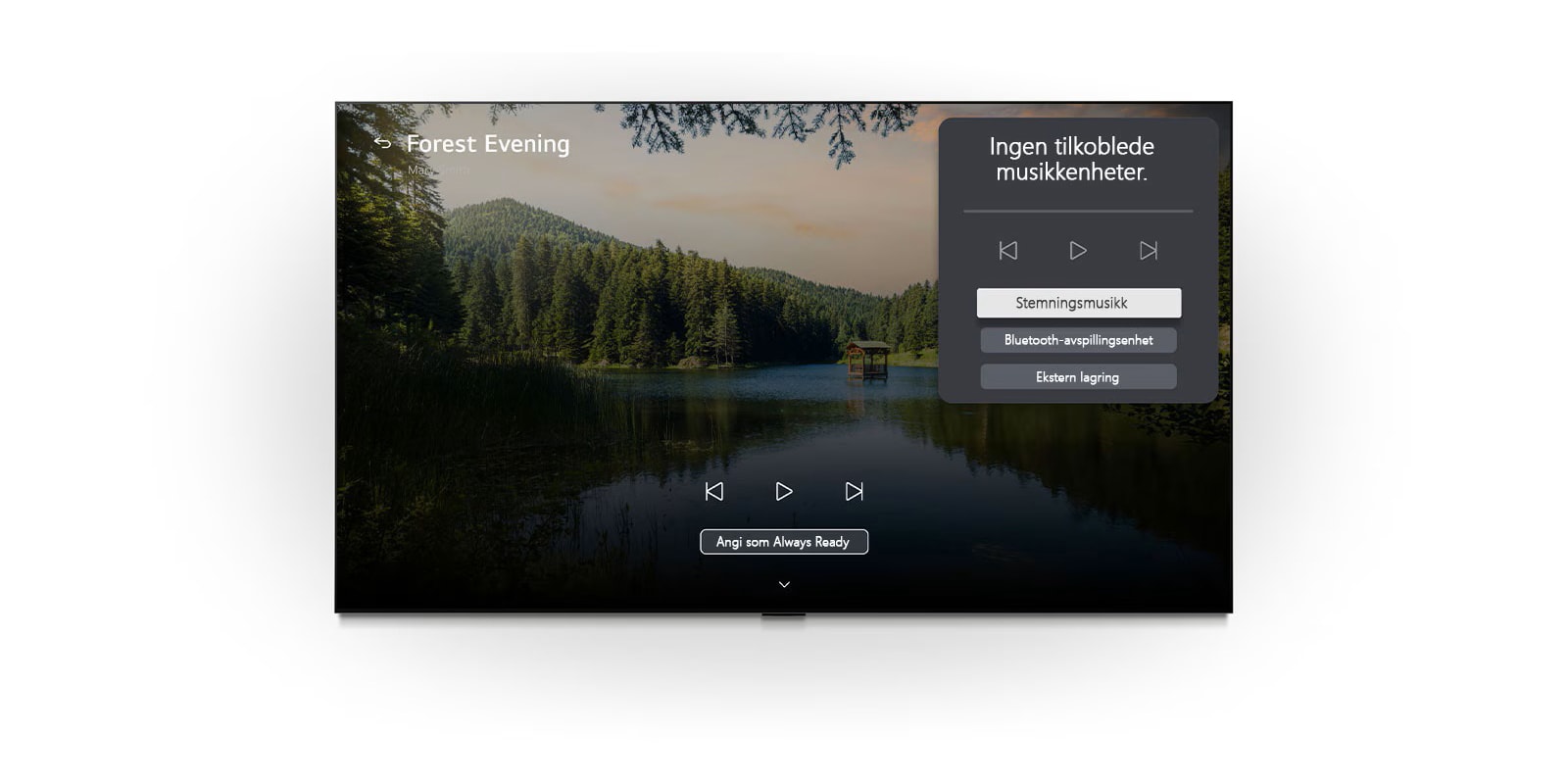 LG OLED AI B6s LG Gallery+ med BGM og Music Lounge viser «Skogskveld» på skjermen, med et synlig Music Lounge brukergrensesnittpanel for stemningsmusikk, Bluetooth-avspilling og kontroller.