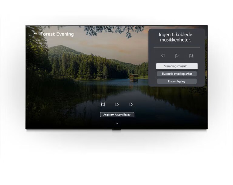 LG OLED AI B6s LG Gallery+ med BGM og Music Lounge viser «Skogskveld» på skjermen, med et synlig Music Lounge brukergrensesnittpanel for stemningsmusikk, Bluetooth-avspilling og kontroller.