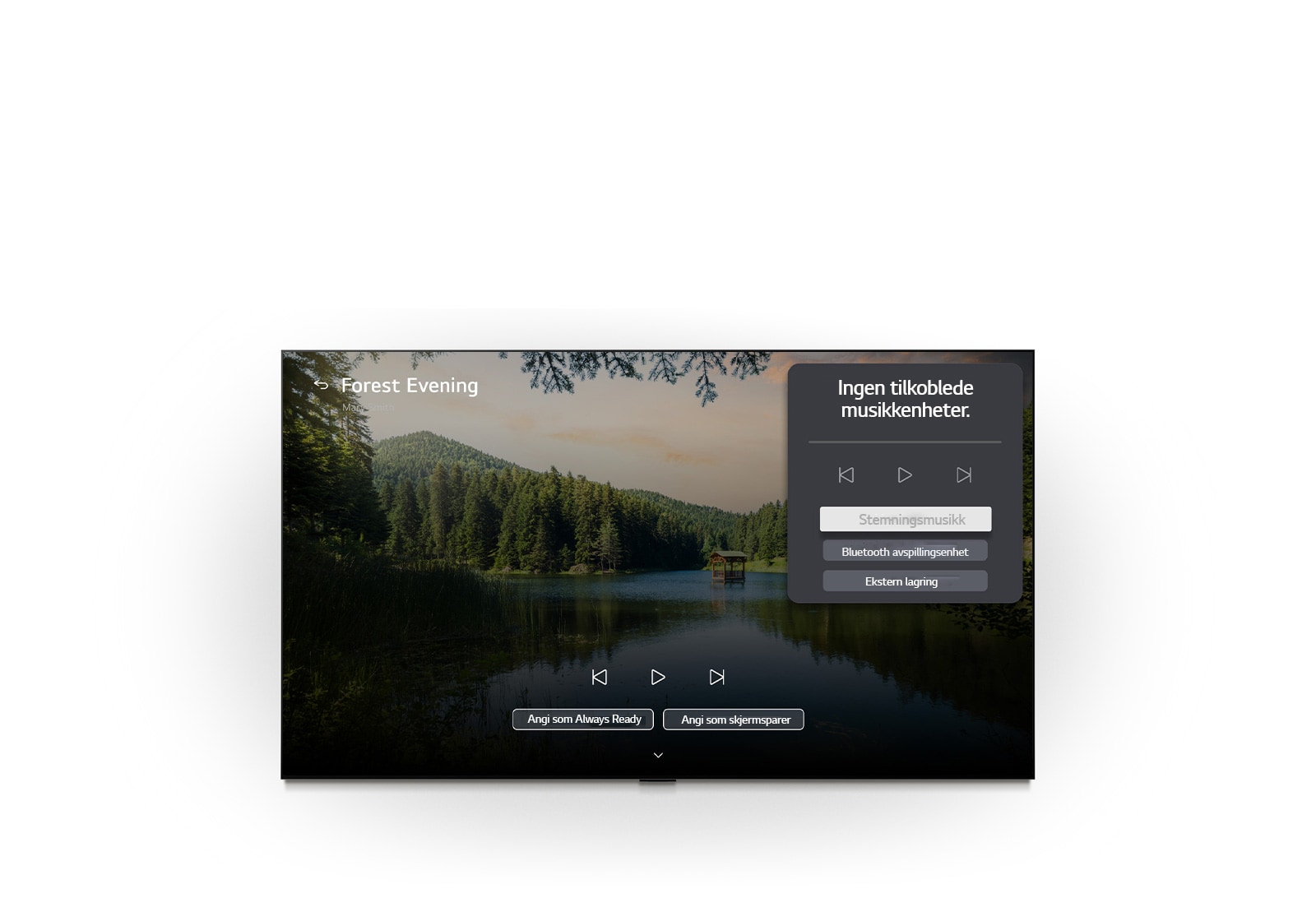LG OLED evo AI W6 Wallpaper TV med LG Gallery+ med BGM og Music Lounge viser skogsscenen «Skogskveld» på skjermen, med et synlig Music Lounge-brukergrensesnittpanel for stemningsmusikk, Bluetooth-avspilling og kontroller.