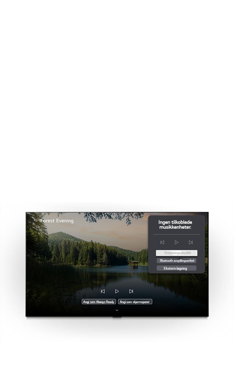 LG OLED evo AI W6 Wallpaper TV med LG Gallery+ med BGM og Music Lounge viser skogsscenen «Skogskveld» på skjermen, med et synlig Music Lounge-brukergrensesnittpanel for stemningsmusikk, Bluetooth-avspilling og kontroller.
