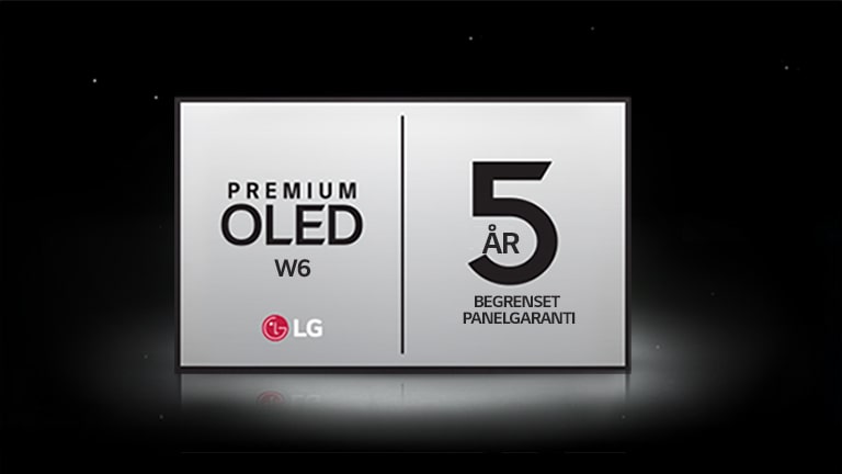 Logoen for 5-års begrenset panelgaranti for Premium OLED W6 vises på mørk bakgrunn.