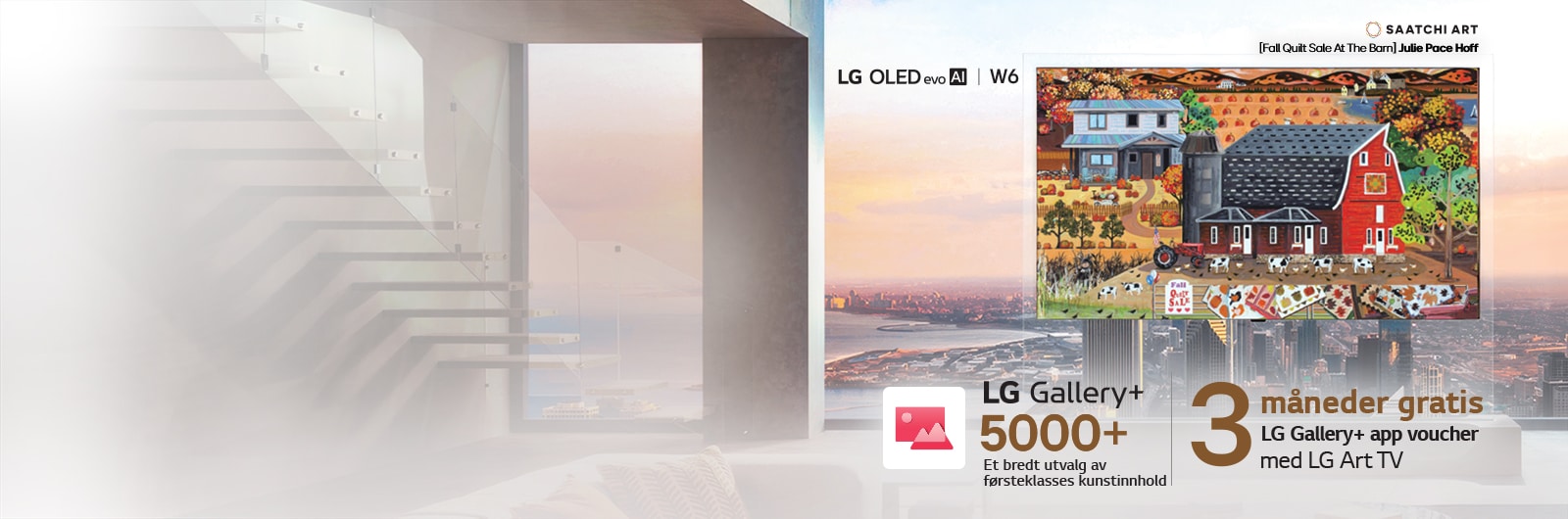 LG OLED evo AI W6 Wallpaper TV viser fargerikt gårdskunstverk fra LG Gallery+ på skjermen mot en bysilhuett i bakgrunnen, og fremhever at en gratis 3-måneders LG Gallery+ voucher gir tilgang til over 5 000 premium kunstverk. 