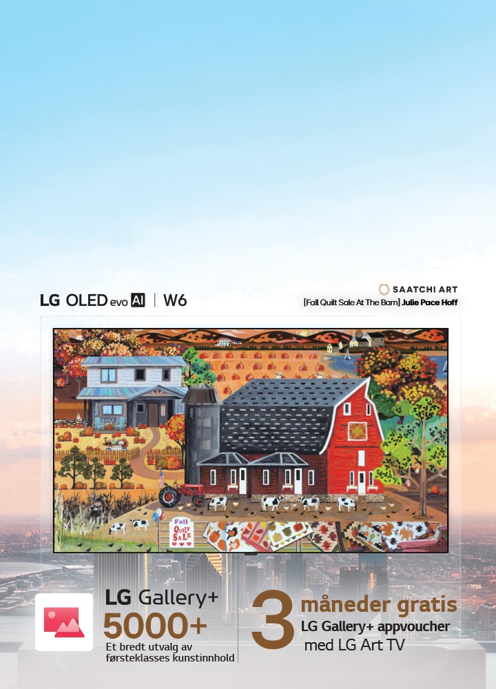 LG OLED evo AI W6 Wallpaper TV viser fargerikt gårdskunstverk fra LG Gallery+ på skjermen mot en bysilhuett i bakgrunnen, og fremhever at en gratis 3-måneders LG Gallery+ voucher gir tilgang til over 5 000 premium kunstverk. 