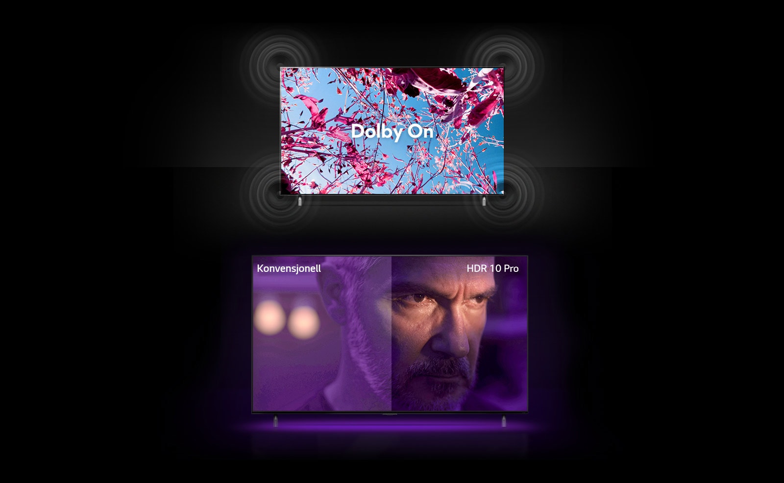 QNED TV-skjerm viser rosa rapsblomster på en sommereng og teksten i midten der det står «Dolby OFF». Bildet på skjermen blir lysere og teksten endres til "Dolby ON". Nedenfor vises en annen QNED-TV med en eldre mann på skjermen som ser sint ut. Bildet på TV-skjermen er todelt. På skjermens venstre side er fargene mindre tydelige og utvannet. På den høyre siden er bildet mer levende og fargerikt. Oppe i det høyre hjørnet står det “konvensjonell” og i det høyre står det “HDR 10 PRO”.