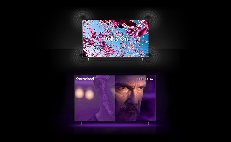 QNED TV-skjerm viser rosa rapsblomster på en sommereng og teksten i midten der det står «Dolby OFF». Bildet på skjermen blir lysere og teksten endres til "Dolby ON". Nedenfor vises en annen QNED-TV med en eldre mann på skjermen som ser sint ut. Bildet på TV-skjermen er todelt. På skjermens venstre side er fargene mindre tydelige og utvannet. På den høyre siden er bildet mer levende og fargerikt. Oppe i det høyre hjørnet står det “konvensjonell” og i det høyre står det “HDR 10 PRO”.
