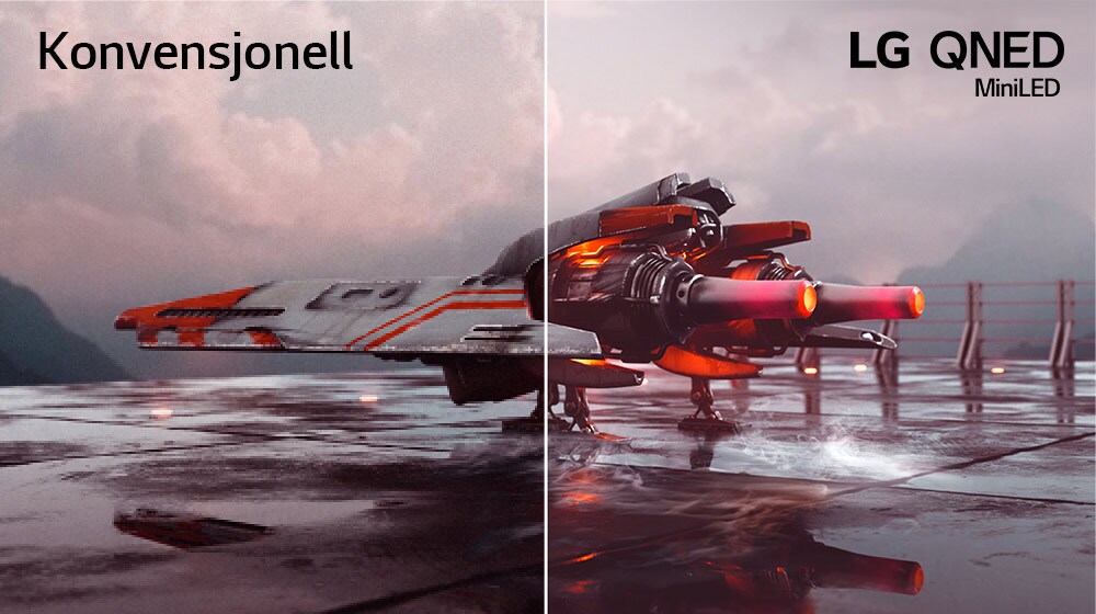 Et rødt jagerfly og et bilde som er delt i to – venstre halvdel av bildet ser mindre fargerikt ut og litt mørkere, mens høyre halvdel av bildet er lysere og mer fargerikt. Øverst i venstre hjørne av bildet, står det konvensjonell, og øverst i høyre hjørne står LG QNED-logoen.