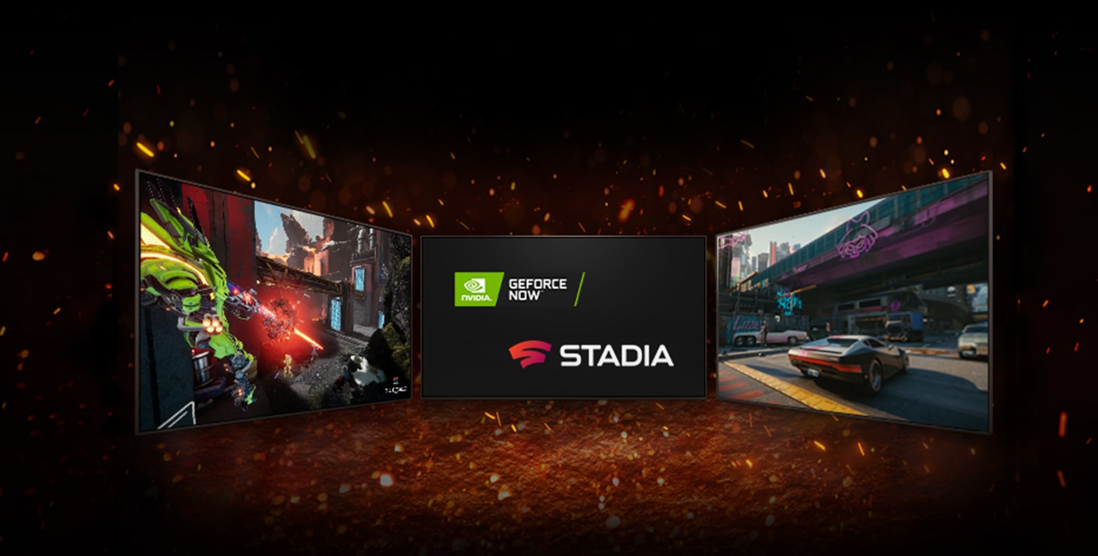 Det vises tre TV-er. I midten viser skjermen to logoer plassert diagonalt – logoen til NVIDIA GeFORCE NOW, og logoen til STADIA. På den venstre TV-en vises Splitgate, og på den høyre TV-en vises Cyberpunk 2077.  