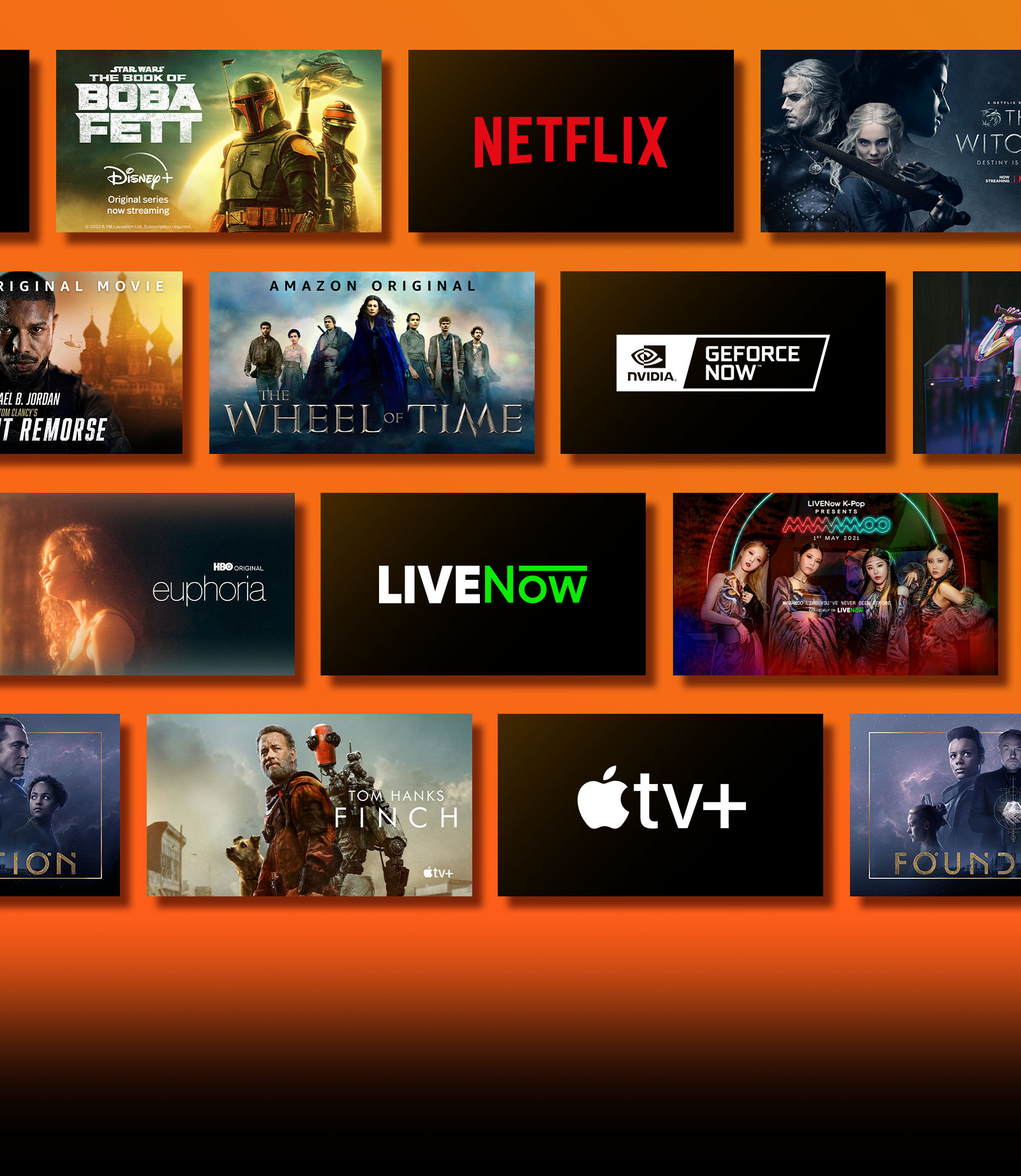 Logoer for strømmetjenester og matchende innholdsbilder ved siden av hver logo. Netflix sin logo, Money Heist og The Witcher. Disneys logo og Boba Fett. Stadias logo, Journey to the Savage Planet og The Legend of Heroes: Trails of Cold Steel III. Prime Videos logo, Without Remorse og The Wheel of Time. Logo for Livenow og smaksprøvebilder fra Mamamoo og Oneus. Logo for NVIDIA Geforce Now og spillbilder fra Cyberpunk 2077 og Splitgate. Logo for HBO Max, The Wire og Euphoria. Logo for Apple TV Plus, Foundation og Finch. 