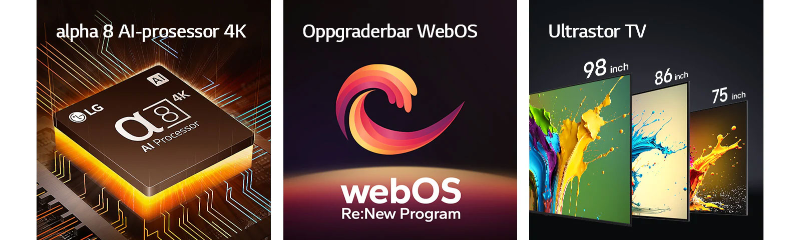 Alpha 8 AI Processor 4K vises med oransje lys som stråler nedenfra. LG QNED89, QNED90 og QNED99 TV vises i rekkefølge fra venstre til høyre. Hver TV viser et fargerikt klatt og ordene "Ultra Big TV" vises over TV-apparatene.