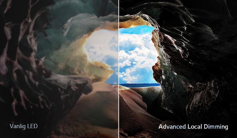 Perspektiv fra innsiden av en hule, med utsikt mot inngangen der en blå himmel og horisonten er synlig. Hele scenen er delt i to for å vise kapasiteten til QNEDs avanserte lokale dimming. På den ene siden er fargene og detaljene vasket ut og det visuelle virker uklart. Merkelappen sier: «Konvensjonell LED». Den andre siden har flotte svarte, bedre kontrast, lysstyrke og farge. Merkelappen sier: «Advanced Local Dimming». 