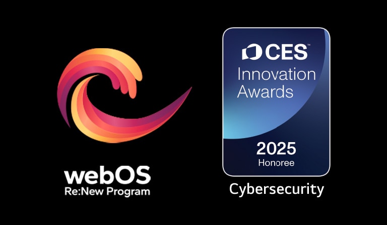 webOS Re:New Program logo og navn med CES Innovation Awards 2025 Honoree emblem like ved. 