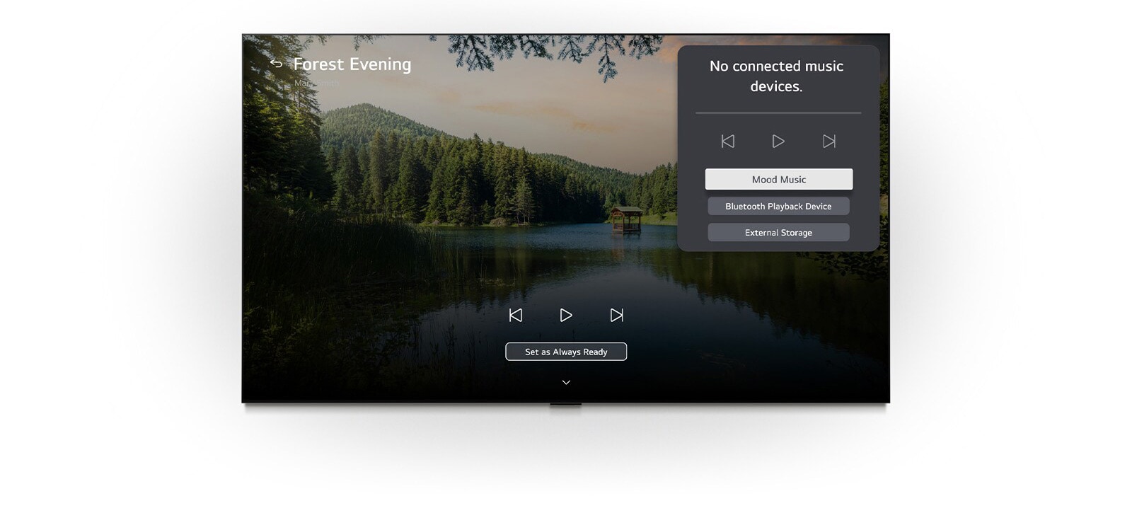 LG QNED evo AI QNED80 Mini LED med LG Gallery+ med BGM og Music Lounge viser skogsscenen «Forest Evening» på skjermen, med et synlig Music Lounge-brukergrensesnittpanel for stemningsmusikk, Bluetooth-avspilling og kontroller. 