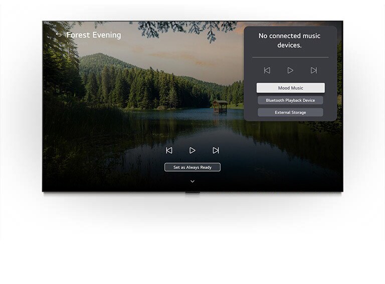 LG QNED evo AI QNED80 Mini LED med LG Gallery+ med BGM og Music Lounge viser skogsscenen «Forest Evening» på skjermen, med et synlig Music Lounge-brukergrensesnittpanel for stemningsmusikk, Bluetooth-avspilling og kontroller. 