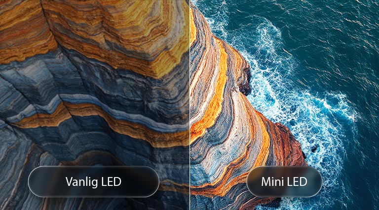 LG QNED evo AI QNED80 Mini LED viser hvordan Mini LED-teknologien gir skarpere steinstrukturer og tydeligere havdetaljer enn konvensjonell LED i en delt scene med kystklipper, og leverer dypere sortnivå og mer raffinert kontrast for økt klarhet og dybde.